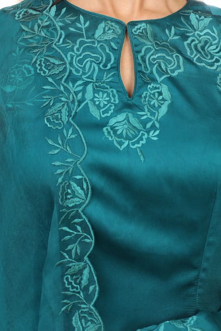 Shop_Esha Koul_Blue Satin, Organza, Crepe Cut Work Keyhole Neck Teal Embroidered Kurta Set 