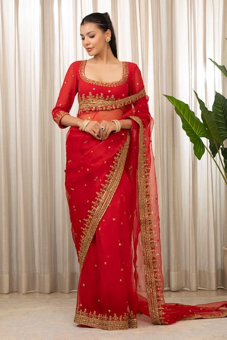 Esha Koul Red Georgette, Organza Sequins, Embroidery Square Neck Dori Saree Set Online at Aza Fashions Esha Koul_Red Georgette, Organza Sequins, Embroidery Square Neck Dori Saree Set _Online_at_Aza_Fashions
