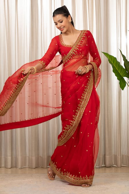 Buy Esha Koul Red Georgette, Organza Sequins, Embroidery Square Neck Dori Saree Set Online at Aza Fashions Buy_Esha Koul_Red Georgette, Organza Sequins, Embroidery Square Neck Dori Saree Set _Online_at_Aza_Fashions