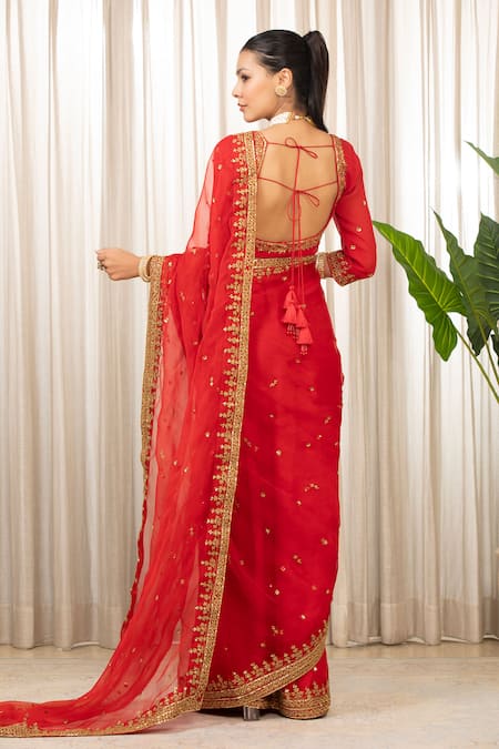 Shop Esha Koul Red Georgette, Organza Sequins, Embroidery Square Neck Dori Saree Set at Aza Fashions Shop_Esha Koul_Red Georgette, Organza Sequins, Embroidery Square Neck Dori Saree Set _at_Aza_Fashions