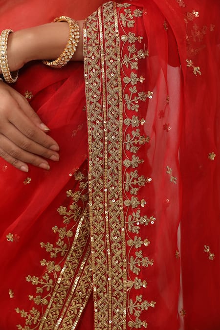 Esha Koul_Red Georgette, Organza Sequins, Embroidery Square Neck Dori Saree Set _at_Aza_Fashions