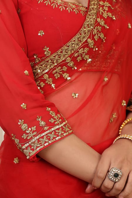 Buy_Esha Koul_Red Georgette, Organza Sequins, Embroidery Square Neck Dori Saree Set 