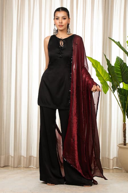 Shop_Esha Koul_Black Satin, Organza Open Neck Siyah Kurta Set With Dupatta _at_Aza_Fashions