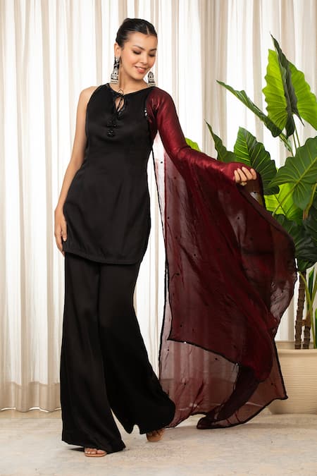 Shop_Esha Koul_Black Satin, Organza Open Neck Siyah Kurta Set With Dupatta _Online_at_Aza_Fashions