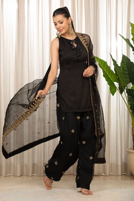 Shop_Esha Koul_Black Satin, Organza Sequins, Embroidery Open Neck Embellished Kurta Set _Online_at_Aza_Fashions