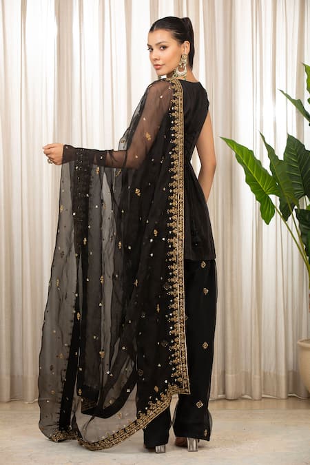 Shop_Esha Koul_Black Satin, Organza Sequins, Embroidery Open Neck Embellished Kurta Set _at_Aza_Fashions