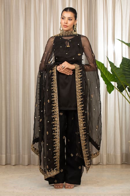 Esha Koul_Black Satin, Organza Sequins, Embroidery Open Neck Embellished Kurta Set _at_Aza_Fashions