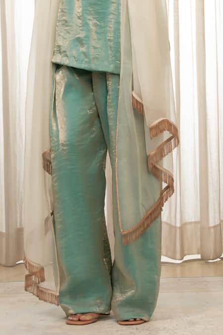 Esha Koul Sky Blue Chanderi, Organza Square Neck Dori Embellished Kurta Set Online at Aza Fashions Esha Koul_Sky Blue Chanderi, Organza Square Neck Dori Embellished Kurta Set _Online_at_Aza_Fashions