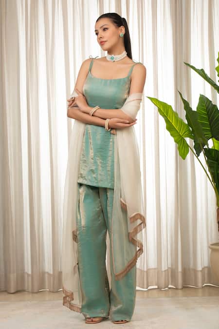 Shop Esha Koul Sky Blue Chanderi, Organza Square Neck Dori Embellished Kurta Set Online at Aza Fashions Shop_Esha Koul_Sky Blue Chanderi, Organza Square Neck Dori Embellished Kurta Set _Online_at_Aza_Fashions