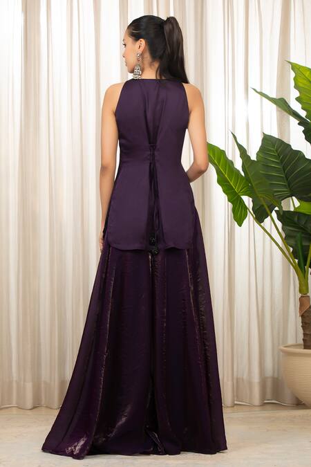 Shop_Esha Koul_Purple Sequins Round , Keyhole Jasmine Plain Kurta Sharara Set _at_Aza_Fashions