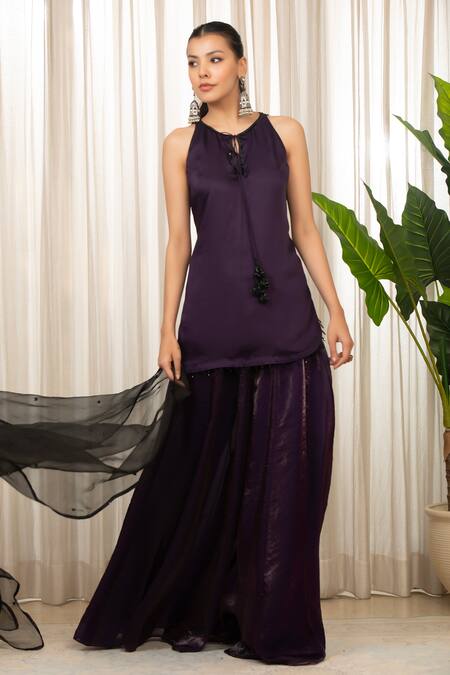 Esha Koul_Purple Sequins Round , Keyhole Jasmine Plain Kurta Sharara Set _at_Aza_Fashions