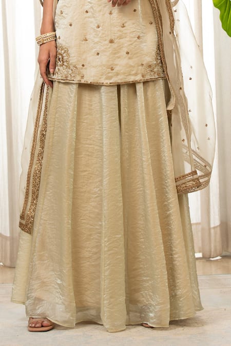 Buy_Esha Koul_Cream Organza, Chiffon Embroidery Open Neck Embellished Kurta Set With Sharara _Online_at_Aza_Fashions