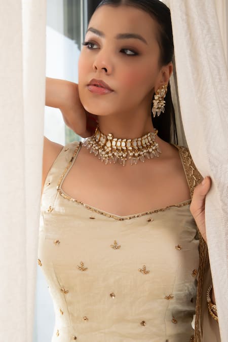 Esha Koul_Cream Organza, Chiffon Embroidery Open Neck Embellished Kurta Set With Sharara _at_Aza_Fashions