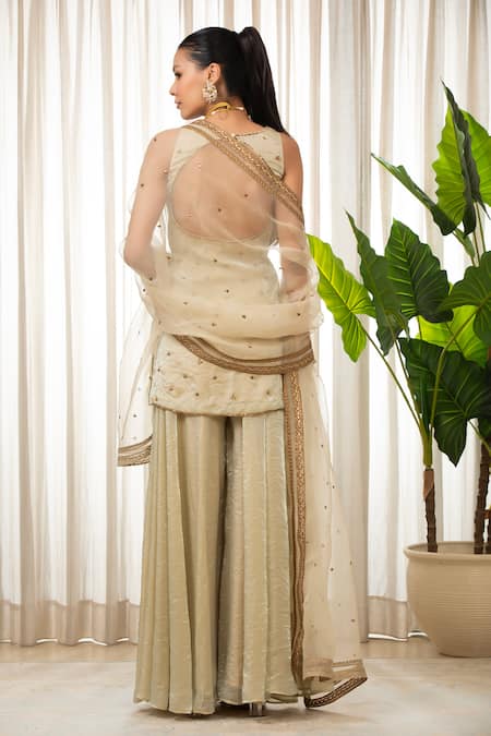 Esha Koul_Cream Organza, Chiffon Embroidery Open Neck Embellished Kurta Set With Sharara _Online_at_Aza_Fashions