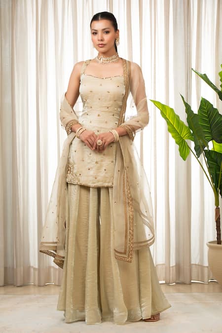 Buy_Esha Koul_Cream Organza, Chiffon Embroidery Open Neck Embellished Kurta Set With Sharara 