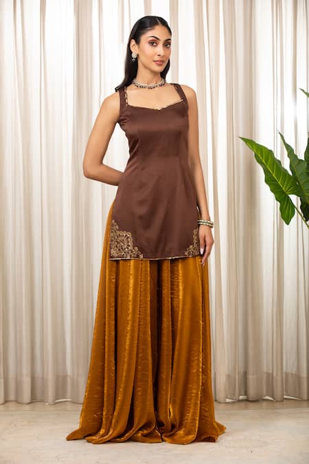 Esha Koul_Brown Embroidery Square Neck Gold And Embellished Kurta Sharara Set _at_Aza_Fashions