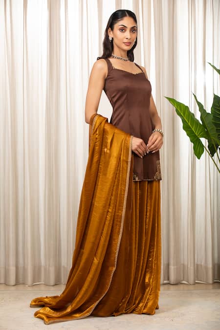 Buy_Esha Koul_Brown Embroidery Square Neck Gold And Embellished Kurta Sharara Set 