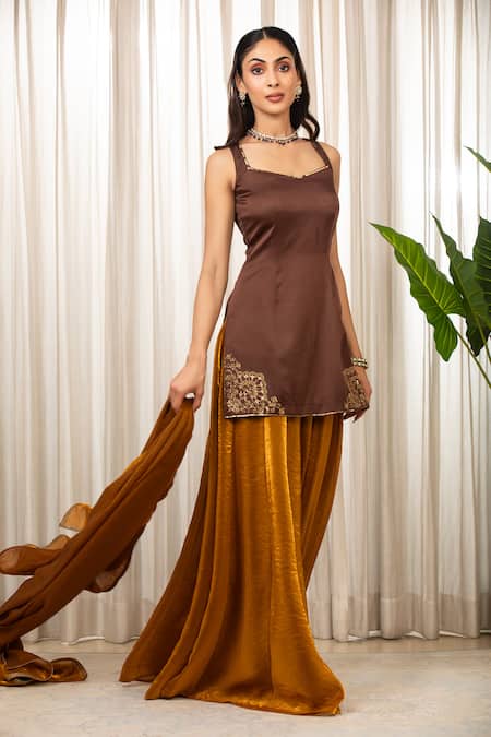 Shop_Esha Koul_Brown Embroidery Square Neck Gold And Embellished Kurta Sharara Set 