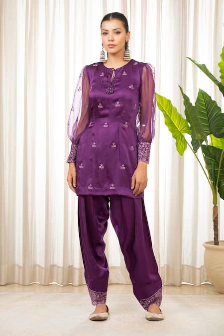Buy Esha Koul Purple Satin, Organza, Crepe Embroidery Round Neck Kurta Set With Dupatta Online at Aza Fashions Buy_Esha Koul_Purple Satin, Organza, Crepe Embroidery Round Neck Kurta Set With Dupatta _Online_at_Aza_Fashions