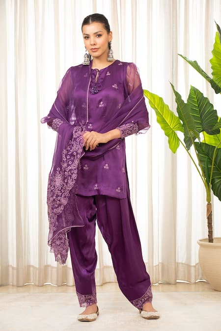 Shop Esha Koul Purple Satin, Organza, Crepe Embroidery Round Neck Kurta Set With Dupatta Online at Aza Fashions Shop_Esha Koul_Purple Satin, Organza, Crepe Embroidery Round Neck Kurta Set With Dupatta _Online_at_Aza_Fashions