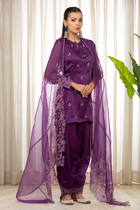 Shop Esha Koul Purple Satin, Organza, Crepe Embroidery Round Neck Kurta Set With Dupatta Shop_Esha Koul_Purple Satin, Organza, Crepe Embroidery Round Neck Kurta Set With Dupatta