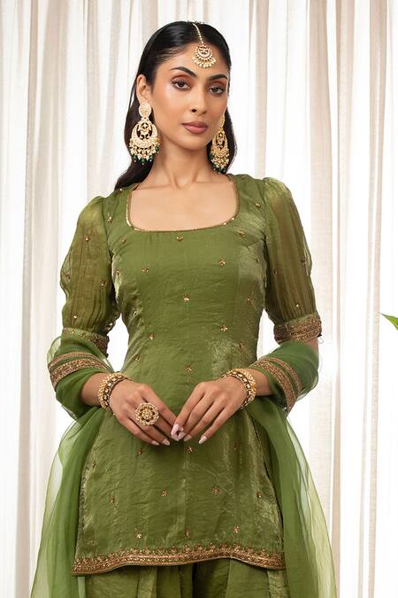 Shop Esha Koul Green Organza, Chanderi Sequins, Embroidery Embellished Puff Sleeve Kurta Set Shop_Esha Koul_Green Organza, Chanderi Sequins, Embroidery Embellished Puff Sleeve Kurta Set