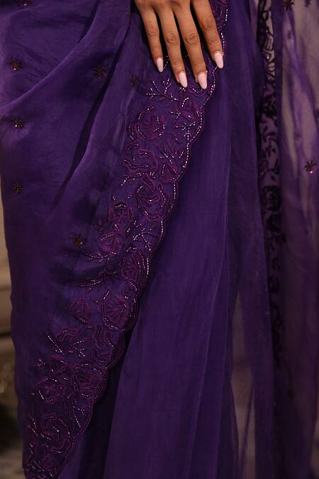 Buy_Esha Koul_Purple Sequins, Embroidery Organza Cutwork Saree Set _Online_at_Aza_Fashions