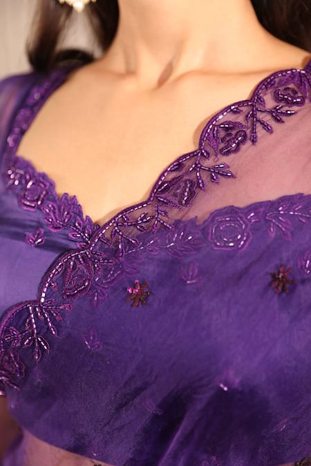 Buy_Esha Koul_Purple Sequins, Embroidery Organza Cutwork Saree Set 