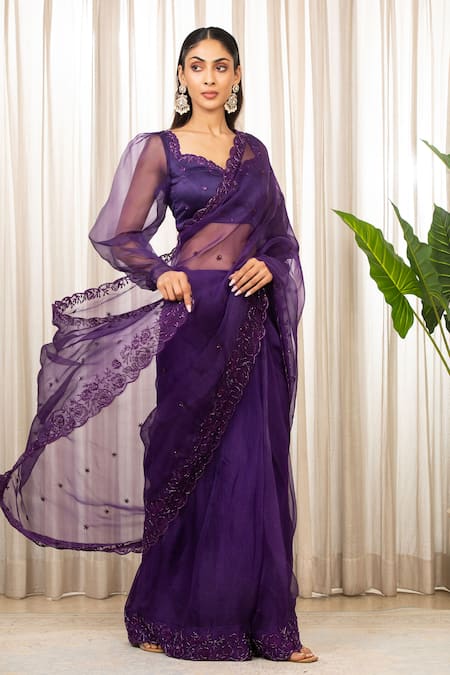 Esha Koul_Purple Sequins, Embroidery Organza Cutwork Saree Set _Online_at_Aza_Fashions