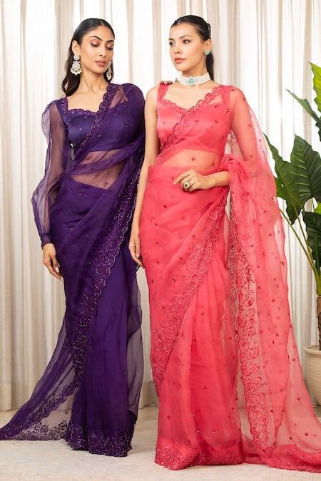 Shop_Esha Koul_Purple Sequins, Embroidery Organza Cutwork Saree Set 