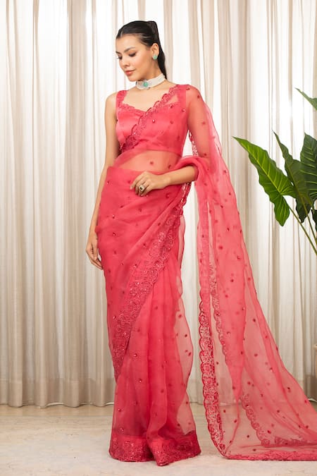 Buy_Esha Koul_Pink Sequins, Embroidery Round Neck Organza Cutwork Saree Set _Online_at_Aza_Fashions
