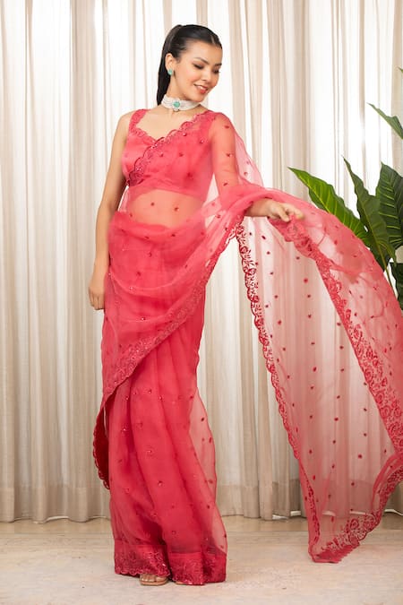 Shop_Esha Koul_Pink Sequins, Embroidery Round Neck Organza Cutwork Saree Set _Online_at_Aza_Fashions