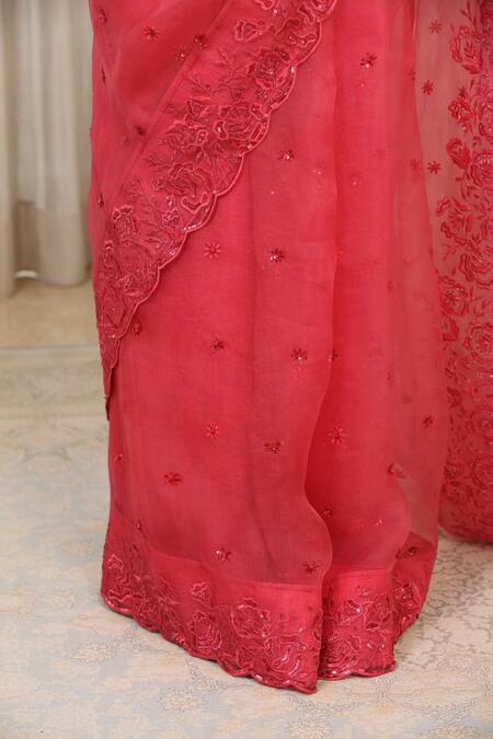 Esha Koul_Pink Sequins, Embroidery Round Neck Organza Cutwork Saree Set _at_Aza_Fashions