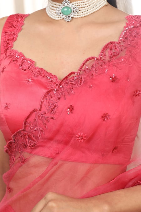 Buy_Esha Koul_Pink Sequins, Embroidery Round Neck Organza Cutwork Saree Set 