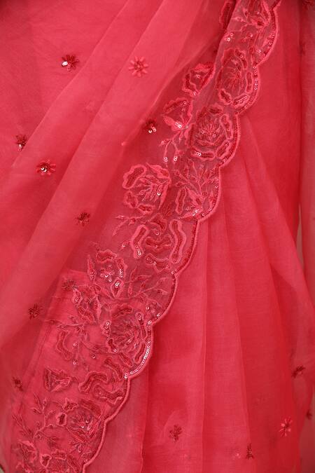 Shop_Esha Koul_Pink Sequins, Embroidery Round Neck Organza Cutwork Saree Set 