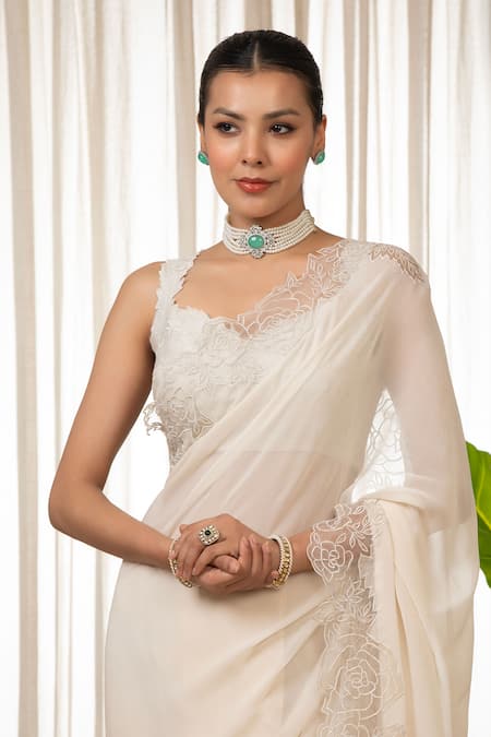 Esha Koul_White Georgette, Chanderi, Organza Embroidery Round Neck Cutwork Saree Set _Online_at_Aza_Fashions