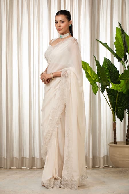 Buy_Esha Koul_White Georgette, Chanderi, Organza Embroidery Round Neck Cutwork Saree Set _Online_at_Aza_Fashions