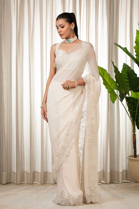 Shop_Esha Koul_White Georgette, Chanderi, Organza Embroidery Round Neck Cutwork Saree Set _Online_at_Aza_Fashions