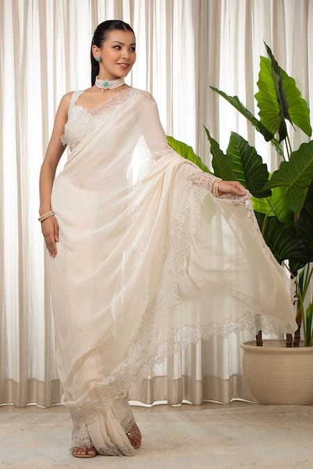 Esha Koul_White Georgette, Chanderi, Organza Embroidery Round Neck Cutwork Saree Set _at_Aza_Fashions