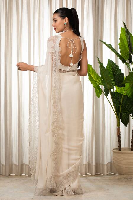 Shop_Esha Koul_White Georgette, Chanderi, Organza Embroidery Round Neck Cutwork Saree Set _at_Aza_Fashions