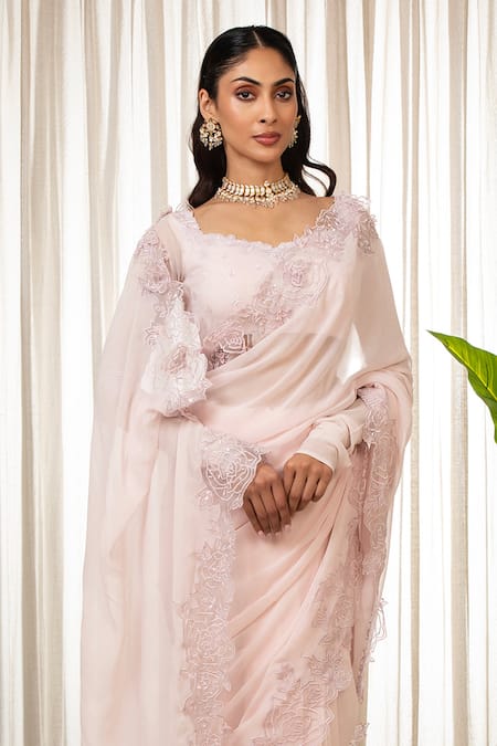 Esha Koul_Pink Georgette Cut Work, Embroidery Round Neck Baby Saree Set _Online_at_Aza_Fashions