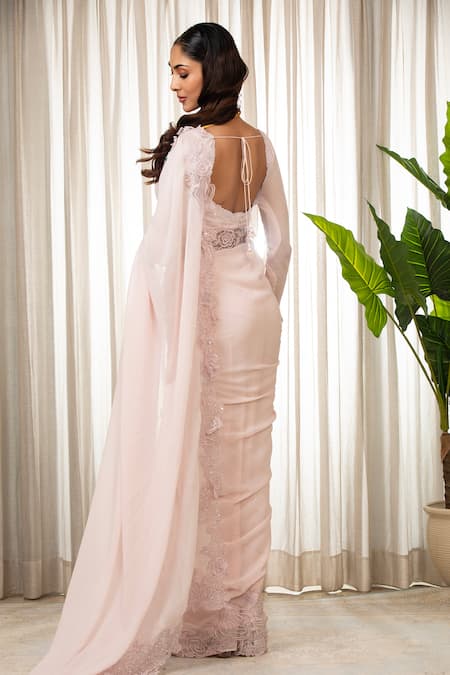 Shop_Esha Koul_Pink Georgette Cut Work, Embroidery Round Neck Baby Saree Set _at_Aza_Fashions