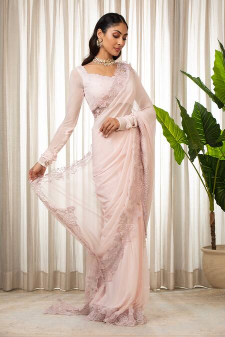 Buy_Esha Koul_Pink Georgette Cut Work, Embroidery Round Neck Baby Saree Set _Online_at_Aza_Fashions