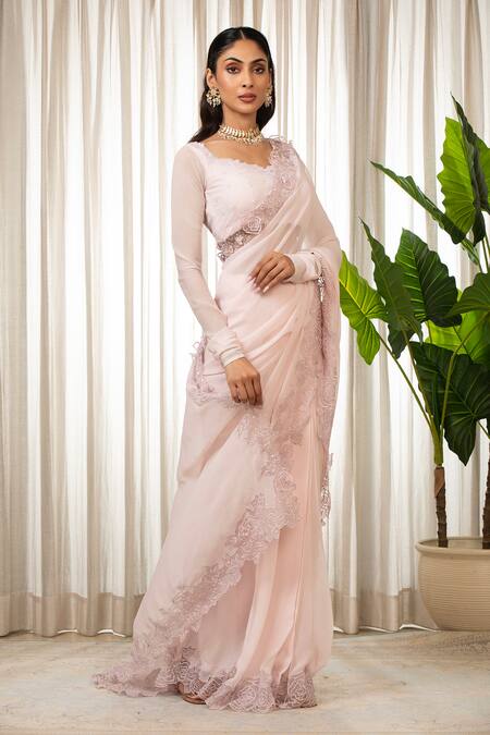 Shop_Esha Koul_Pink Georgette Cut Work, Embroidery Round Neck Baby Saree Set _Online_at_Aza_Fashions
