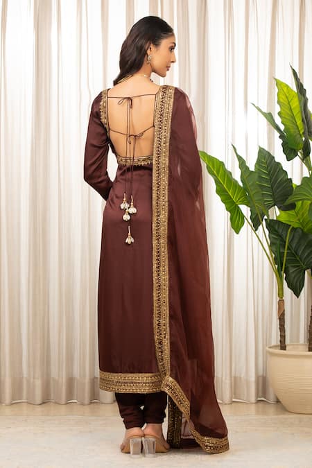 Esha Koul_Brown Satin, Organza, Crepe Zari, Embroidery Square Neck Chocolate Kurta Set _Online_at_Aza_Fashions