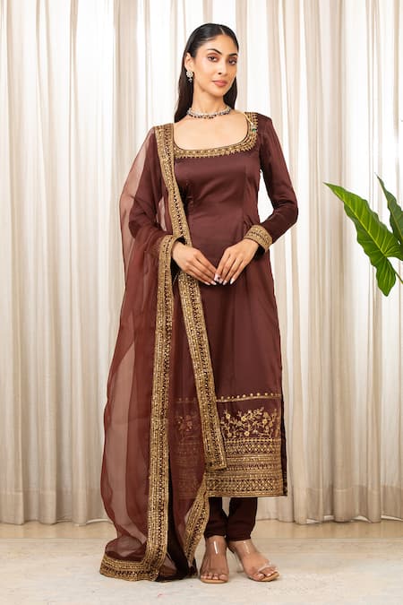 Shop_Esha Koul_Brown Satin, Organza, Crepe Zari, Embroidery Square Neck Chocolate Kurta Set _Online_at_Aza_Fashions