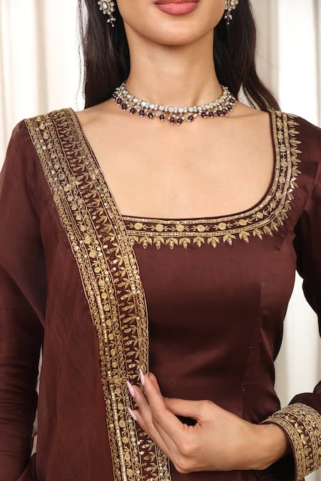 Esha Koul_Brown Satin, Organza, Crepe Zari, Embroidery Square Neck Chocolate Kurta Set _at_Aza_Fashions