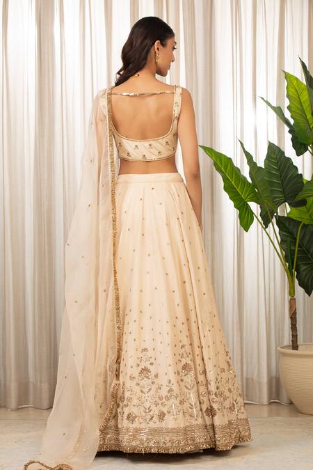Esha Koul_Cream Silk, Organza, Crepe Sequins, Cut Work, Embroidery Round Neck Lehenga Set _Online_at_Aza_Fashions