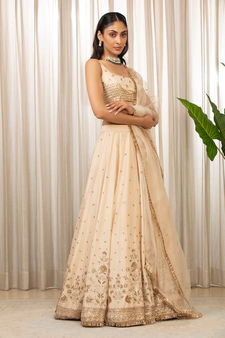 Esha Koul_Cream Silk, Organza, Crepe Sequins, Cut Work, Embroidery Round Neck Lehenga Set _at_Aza_Fashions