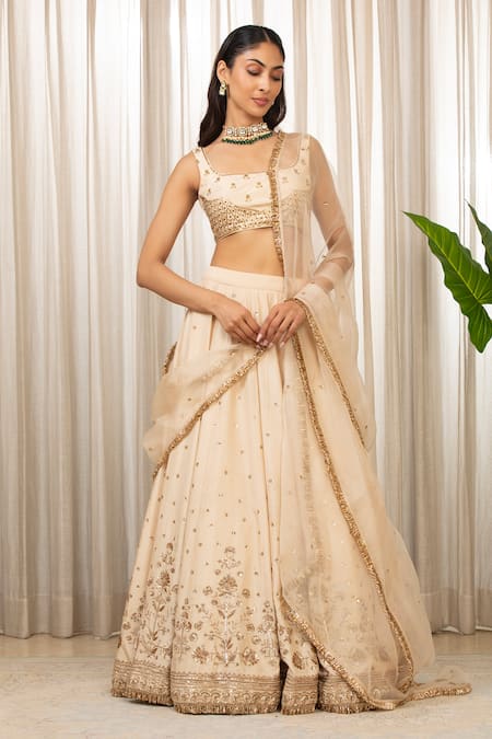 Buy_Esha Koul_Cream Silk, Organza, Crepe Sequins, Cut Work, Embroidery Round Neck Lehenga Set 